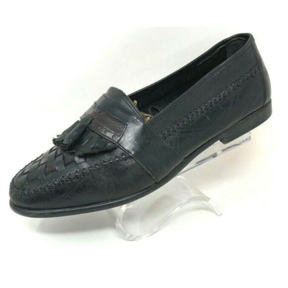 Todays News Mens Loafers 9.5 Black Brown Leather‎ Woven Kiltie Tassel Classic